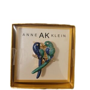 AK Anne Klein Bird enamel rhinestones Blue green pin brooches